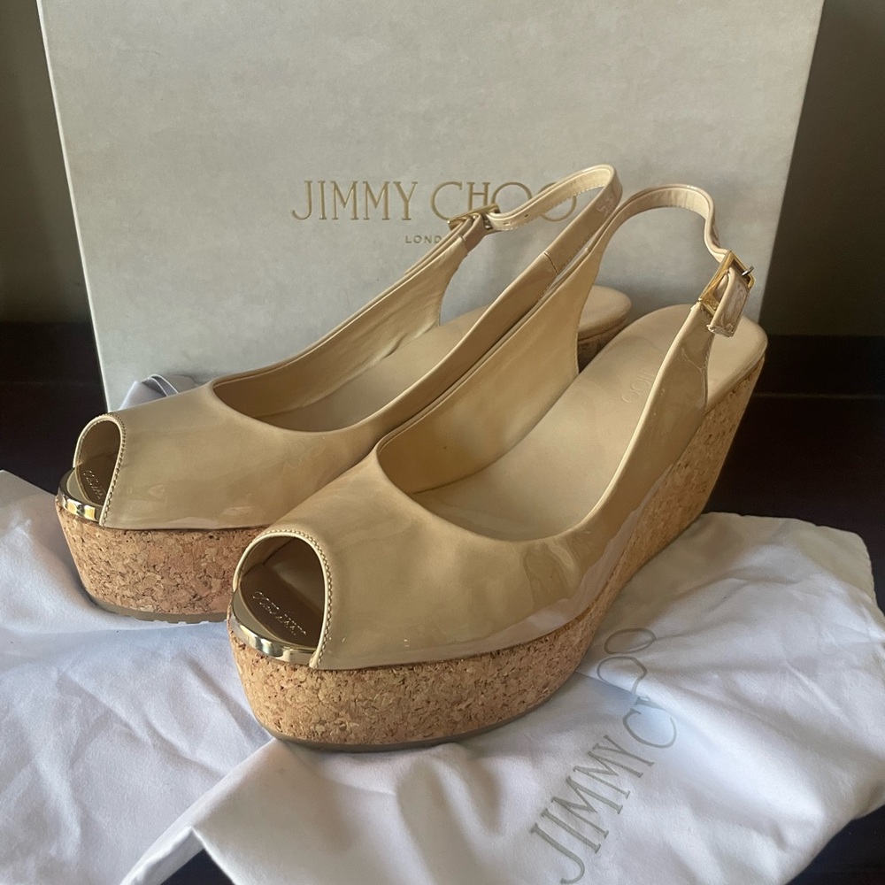 Jimmy Choo Praise Nude Patent Cork Wedge Heel Slingback Pumps Sz 7.5 box… - Picture 2 of 8
